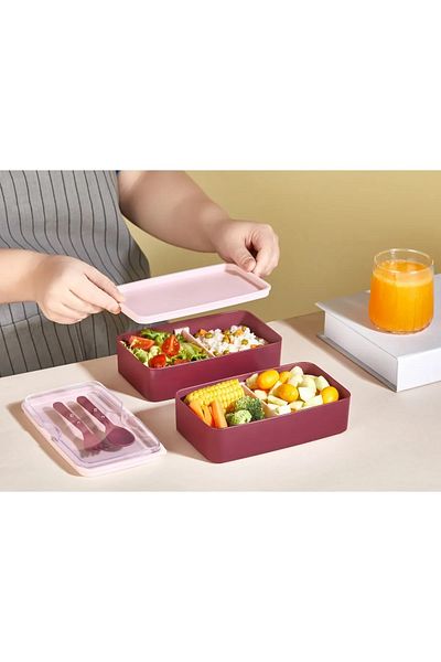 Tanemce 2 Liter Mega Size 2 Layer Food Storage Set - Lunch Box with Fork and Spoon Serving