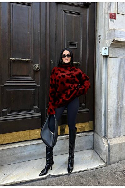 LB Laluna Butik Γυναικείο πουλόβερ με γούνινο ζιβάγκο μπορντό λεοπάρ