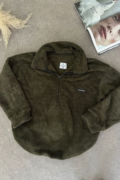 Sun Victoria Women's Green Stand Collar Oversize Plush Sweatshirt