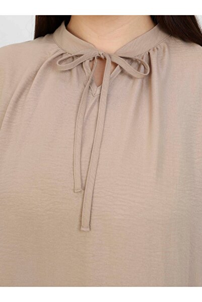 ALİA Büyük Beden Boyundan Bağlama Detaylı Aerobin Elbise - Koyu Vizon - Alia