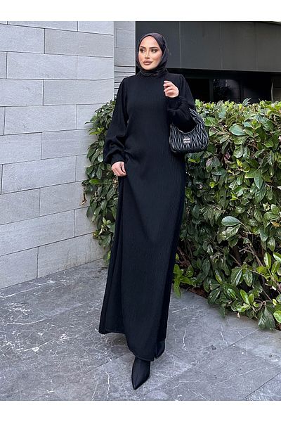 SAHRA BUTİK Self Pleated Dress - Black - Sahra Butik