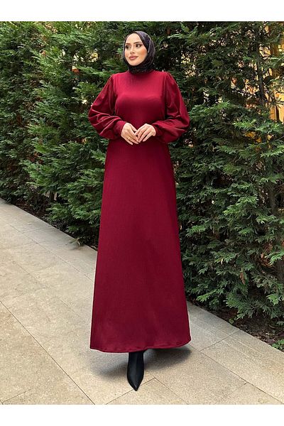 SAHRA BUTİK Self Pleated Dress - Burgundy - Sahra Butik