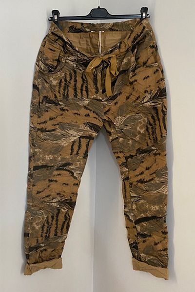 AYASOFYA OTANTIK Women's Italian Camel Elastic Waist Laced Patterned Lycra Skinny Leg Pants