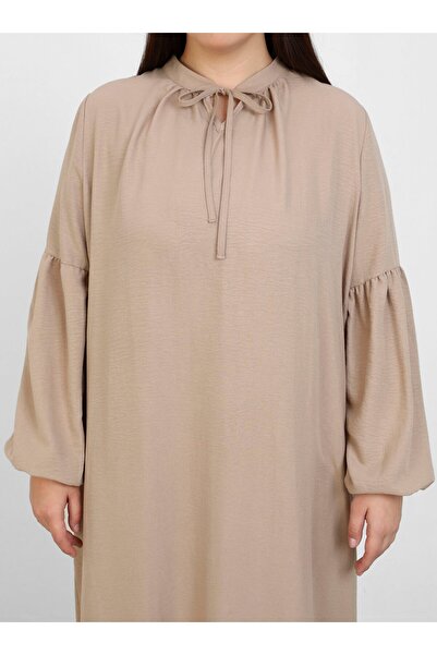 ALİA Büyük Beden Boyundan Bağlama Detaylı Aerobin Elbise - Koyu Vizon - Alia