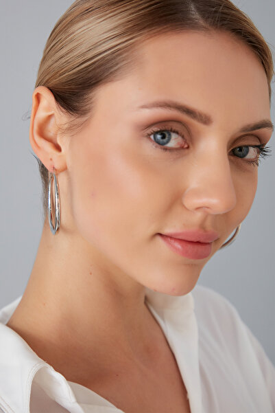 Lina Tia Kadın Silindir Model Gümüş Kaplama Çelik Rodyum Kaplama Orta Boy İnce Çember Kombin Küpe