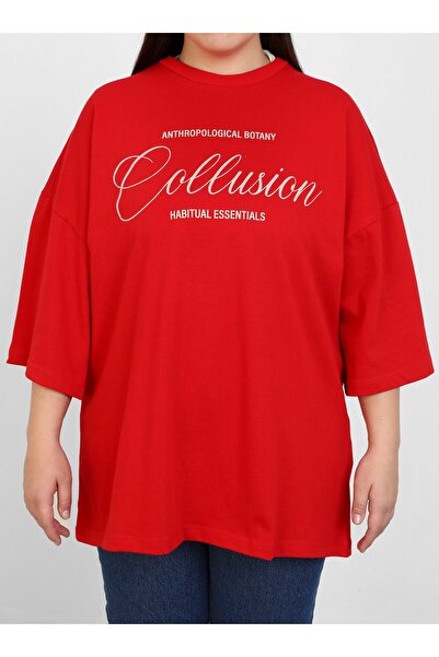 ALİA Oversize T-Shirt with Large Size Print Detail - Red - Alia