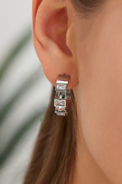 Lina Tia Kadın Kare Boncuk Zirkon Taşlı Çift Sıra Birleşik Şerit Halka Çelik Gümüş Kaplama Günlük Stil Küpe