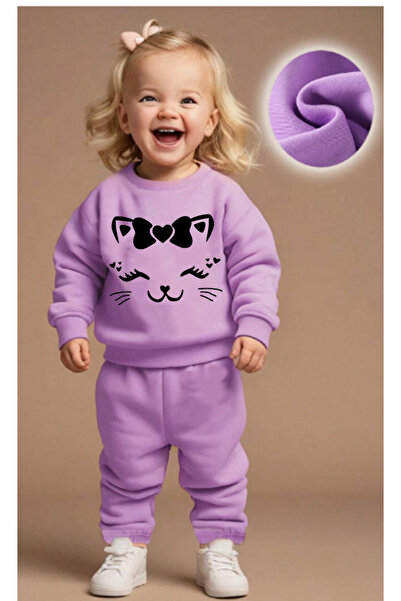 bebekpare Kız Çocuk İki İplik Alt Üst Takım %100 Pamuk Sevimli Kedi