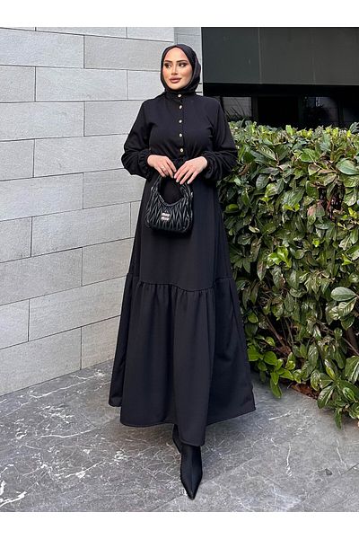 SAHRA BUTİK Φόρεμα Burgu Kumastan Half Placket - Μαύρο - SAHRA BUTİK