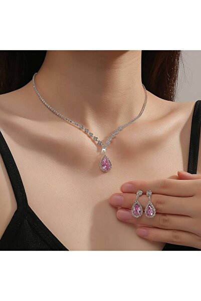 Estilo Lingerie Gümüş Kaplama Su Yolu Pembe Zirkon Taşlı Kolye Küpe Seti Gelin Takı Seti Nişan Seti Parti Davet Seti
