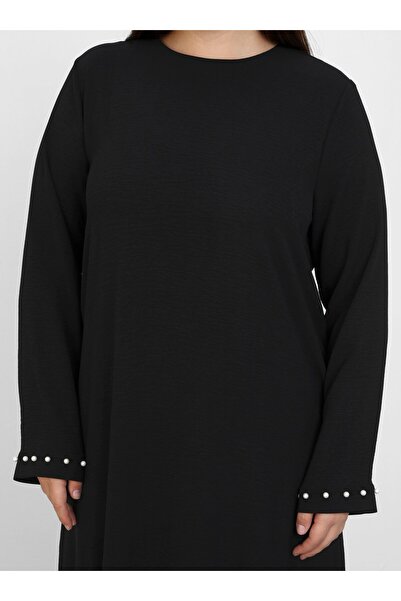 ALİA Büyük Beden İnci Detaylı Elbise - Siyah - Alia