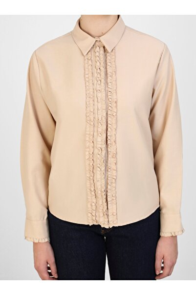 Refka Yakası Fırfır Detaylı Poplin Kumaş Gömlek - Bej - Refka