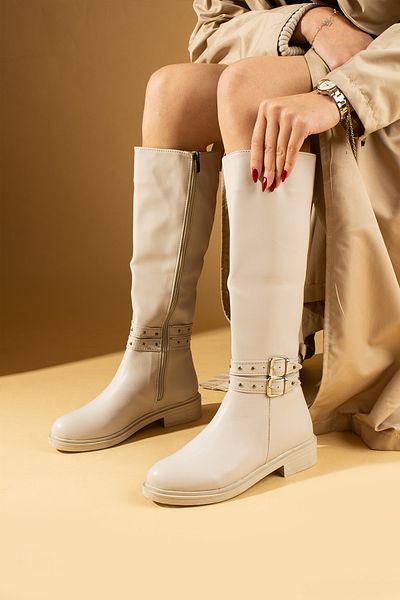 Pembe Potin Women's Beige Stylish Style Casual Comfortable Buckle Suitable for All Chimney Boots