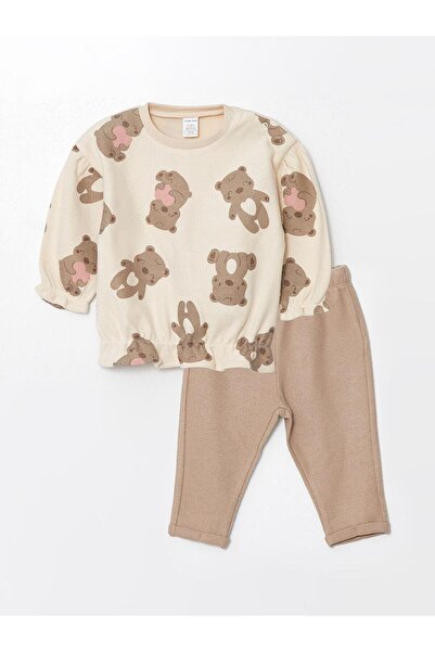 LC Waikiki LCW baby Baskılı Bisiklet Yaka Uzun Kollu Baskılı Kız Bebek Sweatshirt ve Eşofman Alt 2'li Takım