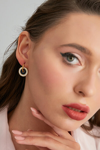 Lina Tia Kadın Yuvarlak Halka Ortası Mavi Boncuk Etrafı Zirkon Taşlı Klipsli Altın Kaplama Çelik Günlük Küpe