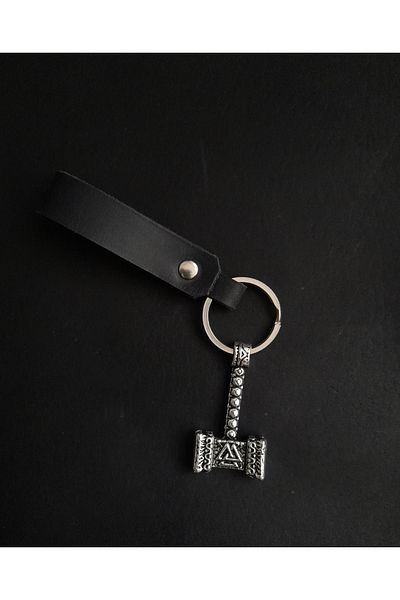 BSN Store Mythology Scandinavian Genuine Leather Keychain with Thor Hammer Figure