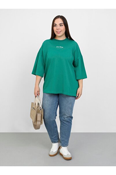 ALİA Plus Size Printed Detailed Oversize T-Shirt - Green - Alia