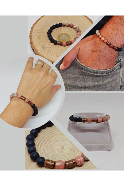 Yasamtohumu 8mm unisex narukvica od jaspisa - roza/bela i oniks kamen, havajs...