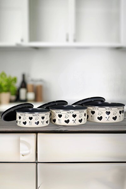 PR HOME مجموعة تخزين ثلاثية مطلية بالمينا باللون الأسود - استمتع