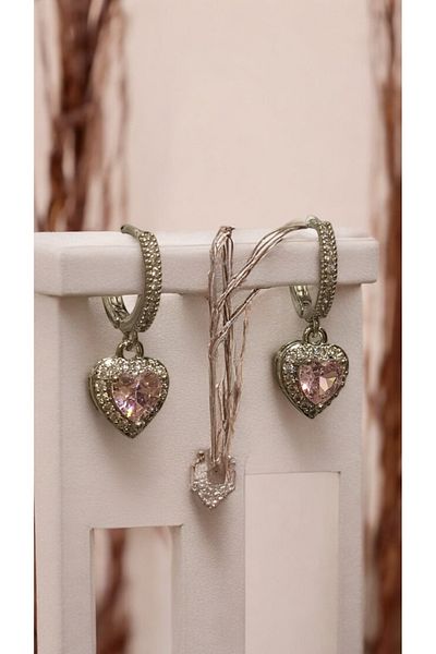stainles steel Pink Zircon Stone Heart Model Steel Earrings