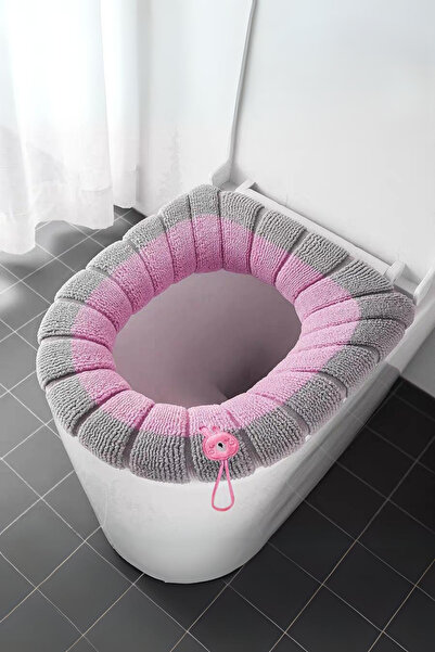 Emmaisie Yumuşak Dokulu Esnek Yıkanılabilir Klozet Kapağı Kılıfı Klozet Örtüsü - Oluklu Desen Pembe-Gri