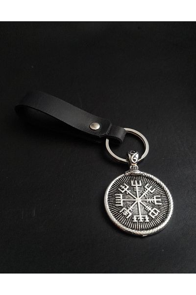 BSN Store Mythology Nordic Double Sided Genuine Leather Keychain with Compass Figure