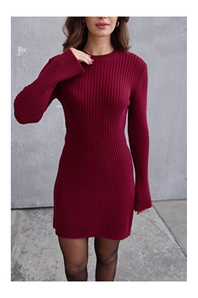 Elif Özbey Butik Bordo İspanyol Kol Midi Triko Elbise