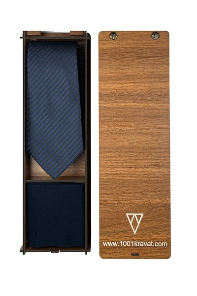 1001 Kravat Men's Gift Set with Wooden Box Classic Navy Blue Tie and Socks