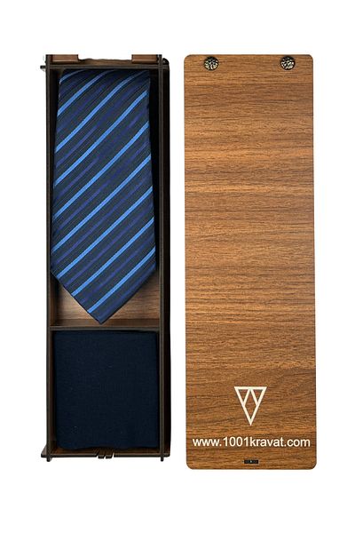 1001 Kravat Men's Gift Set with Wooden Box Classic Navy Blue Tie and Socks