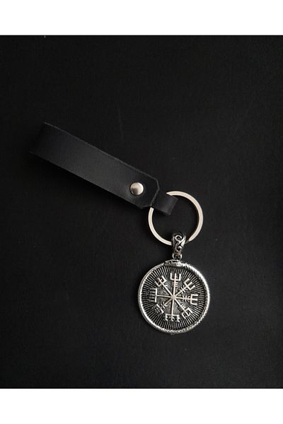 BSN Store Mythology Nordic Double Sided Genuine Leather Keychain with Compass Figure