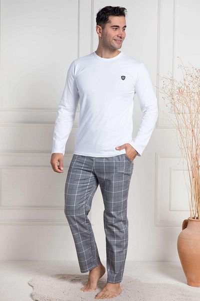 Mecit Pijama Mecit 3054 White Plaid Men's Plus Size Pajamas Set