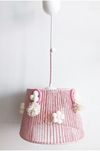 C&A&B KUZEY AVİZE Pink Macrame Rope Wrap Pink Balloon and Flower Pompom Baby Girl and Children's Room Design Pendant Lamp Chandelier