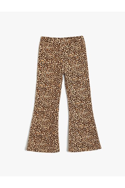 Koton Leopard Print Spanish Leg Trousers - Elastic Waist Raised