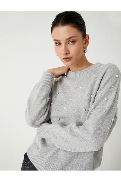 Koton Soft Textured Long Sleeve Pearl Embroidered Oversize Knitwear Sweater