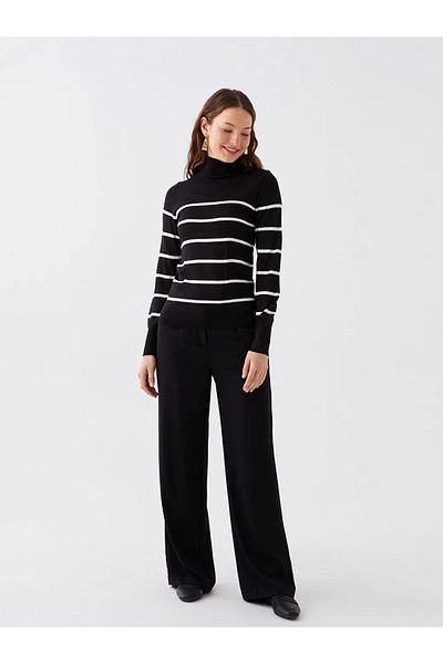LC Waikiki LCWAIKIKI Pulover de tricotaj pentru femei, cu mânecă lungă, cu dungi negre, cu gât rotic
