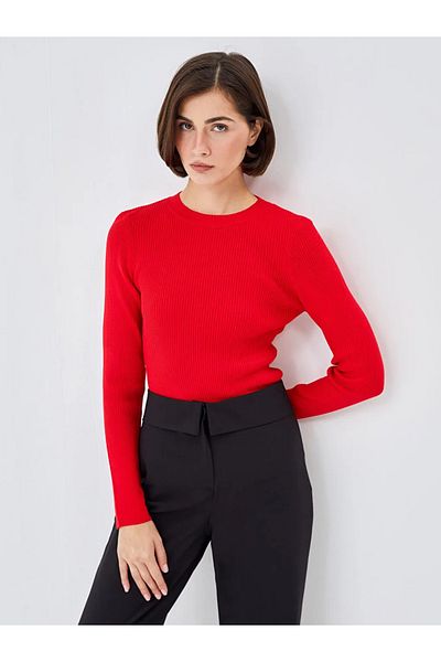 LC Waikiki   Red Crew Neck Textured Women's Knitwear Sweater