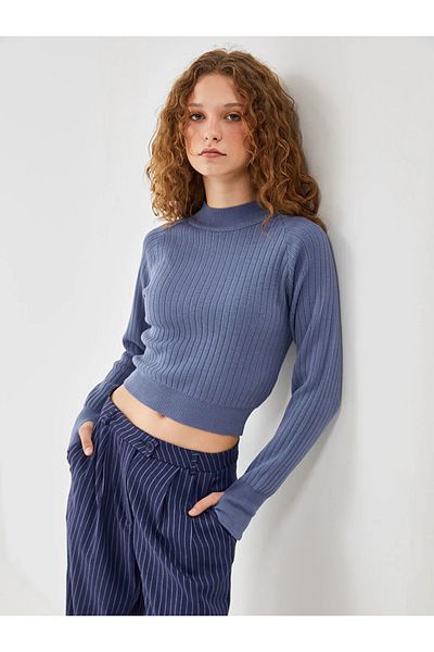 LC Waikiki   Pulover de damă cu textura pe jumătate cu gât țesut albastru