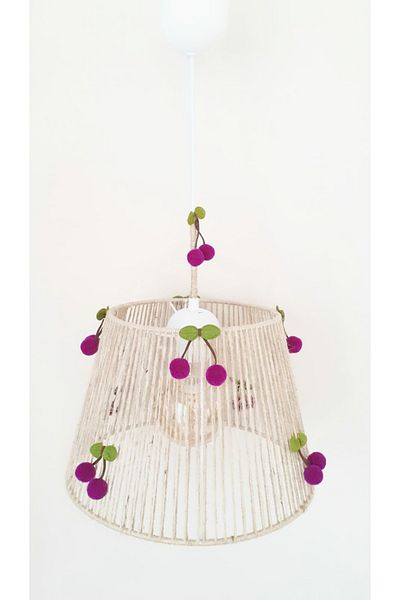 C&A&B KUZEY AVİZE Wicker Rope Wrapped Purple Cherry Pompom Baby and Children's Room Pendant Lamp Chandelier