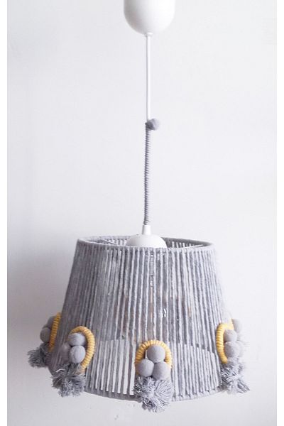 C&A&B KUZEY AVİZE Gray Macrame Rope Wrap Balloon and Gray Pompom Baby and Kids Room Design Pendant Lamp Chandelier