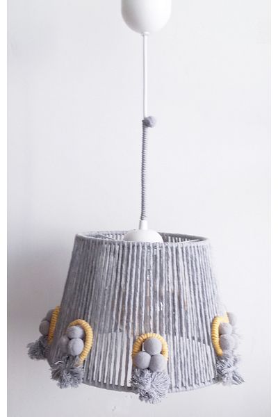 C&A&B KUZEY AVİZE Gray Macrame Rope Wrap Balloon and Gray Pompom Baby and Kids Room Design Pendant Lamp Chandelier