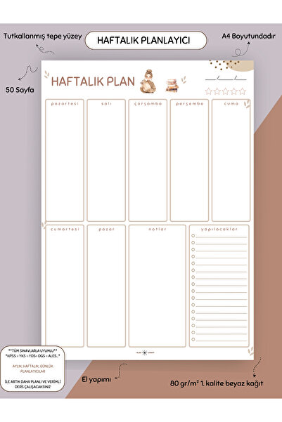 Else Craft Haftalık Ders Çalışma Planlayıcısı - A4 Dikey -  50 Sayfa - PL-2- ...