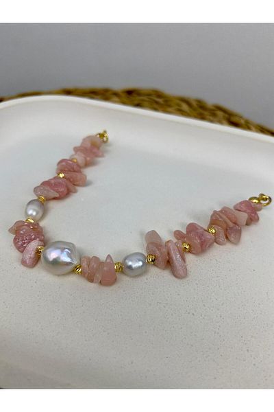 modvina A Quality Genuine Natural Stone Pink Quartz - Real Pearl Bracelet