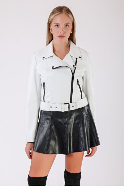 Leather Club Beyaz Kruvaze Hakiki Deri Ceket