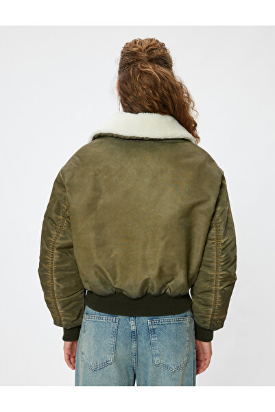 Koton Faux Fur Oversize Crop Jacket - Zippered and Washed Pocket Detail
