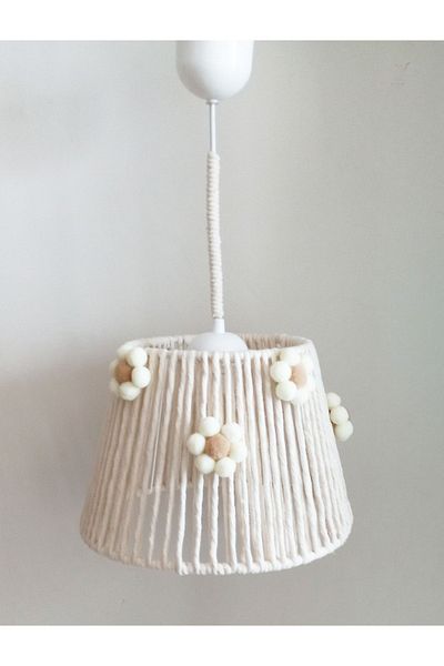 C&A&B KUZEY AVİZE Macrame Ecru Rope Wrapped Pompom Flower Young Room Baby Kids Room Design Pendant Lamp Chandelier