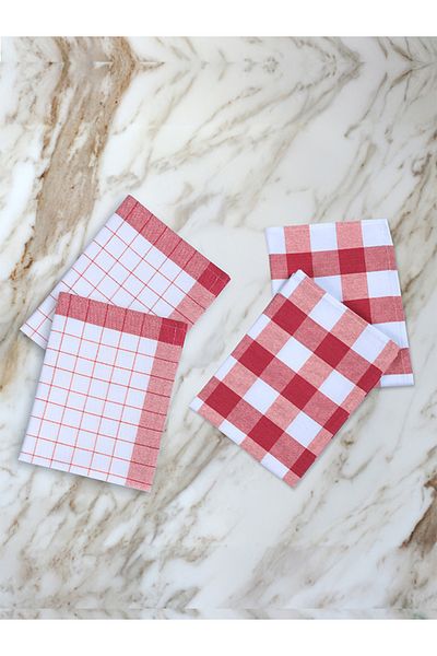 Tuable Serina 4-Piece Checkered Set, Kitchen Drying Cloth, Nutrition Cover, American Service, Red Set 45X70Cm