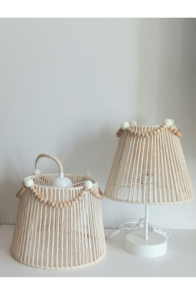 C&A&B KUZEY AVİZE Ecru Macrame Rope Wrap Conical Wire Wooden Beaded Design Baby and Children's Room Chandelier Lampshade Set(2)