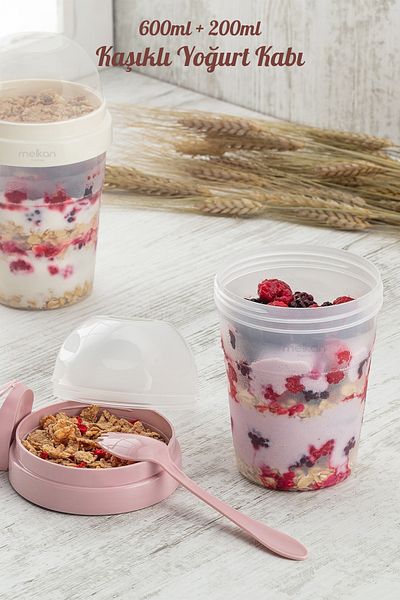 Melkan Home Portable Yogurt Container with Spoon - 600 ml + 200 ml Storage Container - Practical Portable Nutrition Container