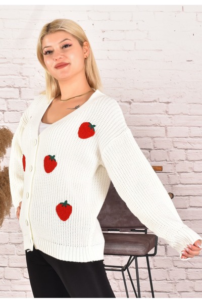 asin collection Γυναικείο πλεκτό μπουφάν ζακέτα με μοτίβο κέντημα φράουλα