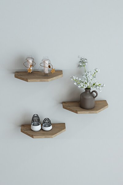 Modalanka 3'lü Dekoratif Şık Duvar Rafı Uçan Raf Gizli Raf Iskandinav Tasarım Modern Kitap, Biblo Rafı Çam